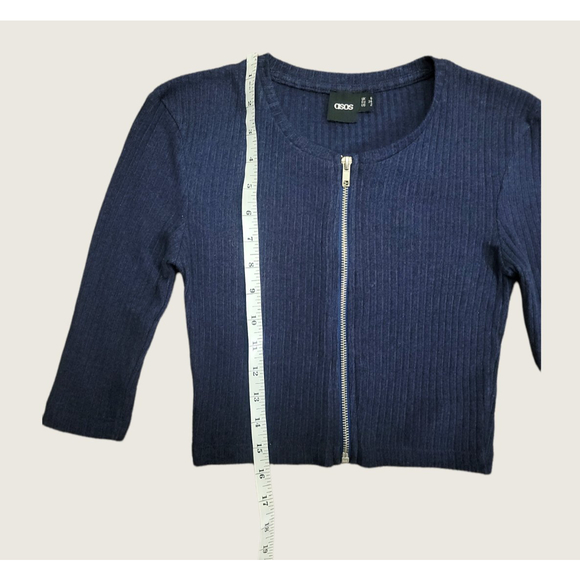 ASOS Zip-Front Crop Top Ribbed Short Sleeve Zip-Up Shirt Blouse Navy Blue US2 - Picture 6 of 8